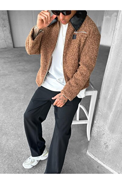 ablukaonline Erkek Oversize Yakalı Fermuarlı Peluş Mont Kahverengi