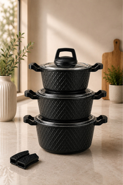 LAVONNI Obsidyen 6 Parça Döküm Granit Tencere Seti Siyah | 16-18-20 CM | Yapı...