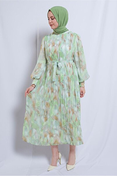 TRENDTESETTÜR KADIN KREM (KREM-MİNT) DESENLİ KUŞAKLI ŞİFON ELBİSE T 0985-2