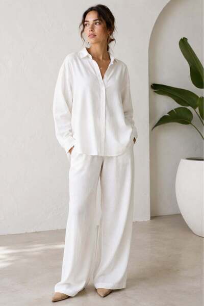 Madmext Beyaz Basic Kadın Gömlek Pantolon İkili Takım Mg2352