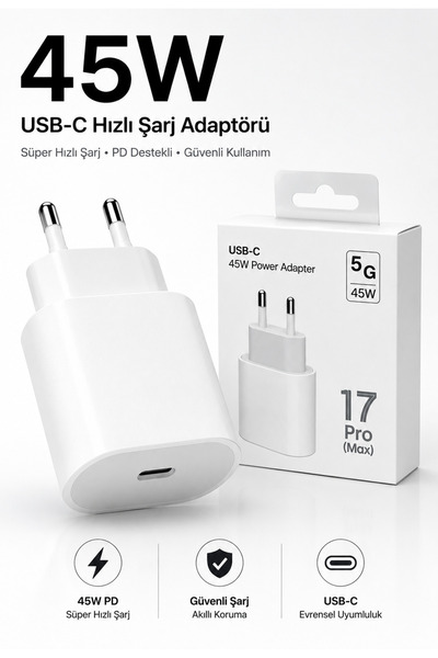 Ryan 45W USB-C Hızlı Şarj Adaptörü Beyaz Type-C Çıkışlı Kompakt Güç Adaptörü ...