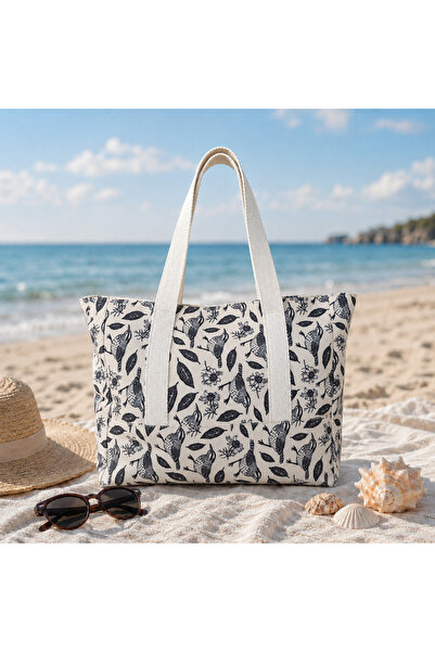 Franco Loren Kuş Desenli Canvas Bez Çanta Astarli Fermuarlı Cepli Tote Bag Om...