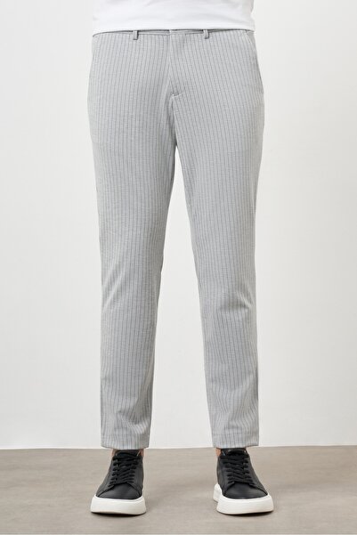 Morven Мъжки сив плетен спортен панталон Polyviscon Trend Slim Fit на райета
