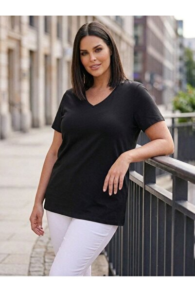 Hanezza Kadın Büyük Beden Yanı Yırtmaçlı Siyah Pamuklu Viskon T- Shirt (oeko-...