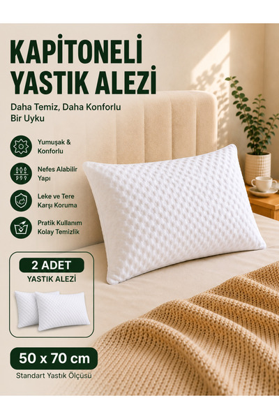 %100 PAMUK 2'Lİ KAPİTONELİ FERMUARLI YASTIK ALEZİ YUMUŞAK YASTIK KORUYUCU- 50X70 CM