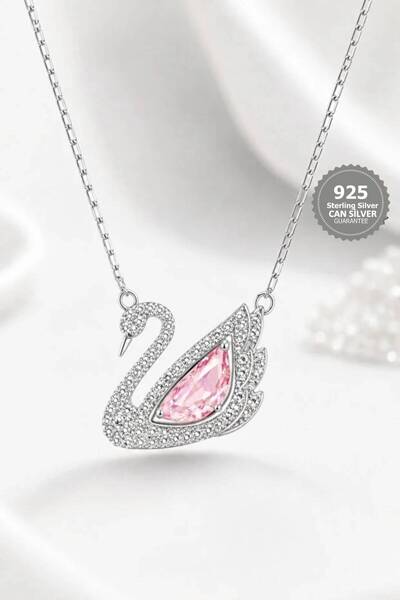 CAN SİLVER Pembe Zirkon Taşlı Kuğu Kolye | 925 Ayar Gümüş Kolye- Gümüş Kuğu Kadın Kolye- Kuğu Kolye Gümüş
