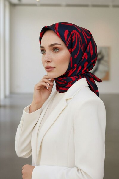 Vissona 100% twill silk large flower pattern navy blue - red colored 90x90 scarf sewing method: hand stitching