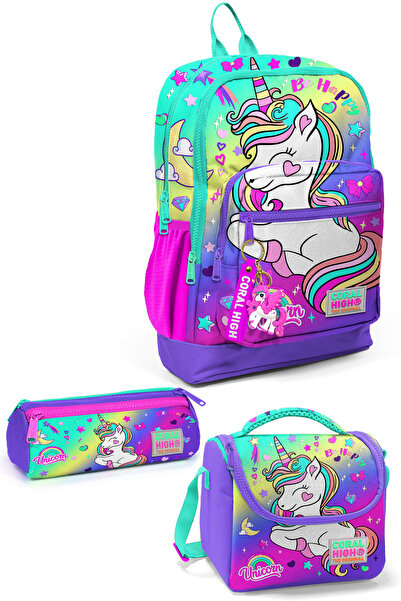 Coral High Kids Lavanta Su Yeşili Unicorn Desenli 3’lü Okul Çanta Seti SET012...
