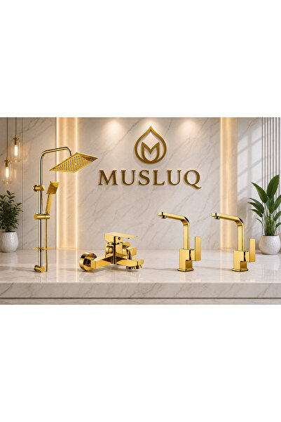 MUSLUQ RocciArmatur 4’lü Batarya Seti Gold Altın Pirinç Kare Banyo Lavabo Mut...