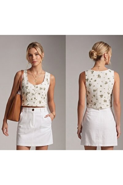 Glaura Fashion Kadın Çiçek Desenli Pamuklu Astarlı Crop Yelek