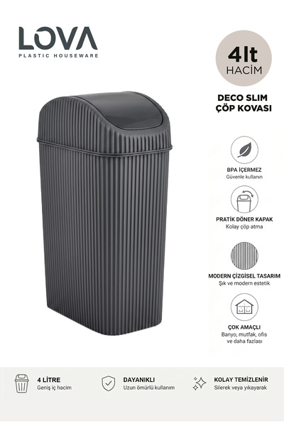 Lova 4 Lt Deco Slim Mutfak,Banyo,Tezgahüstü Çöp Kovası (SİYAH)