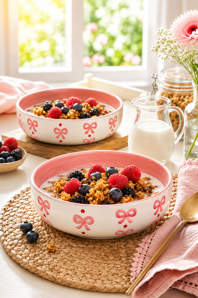 EvaniLife Pink Bow Modeli El Yapımı Orta Boy Seramik Salata Kasesi - Diyet Bowl