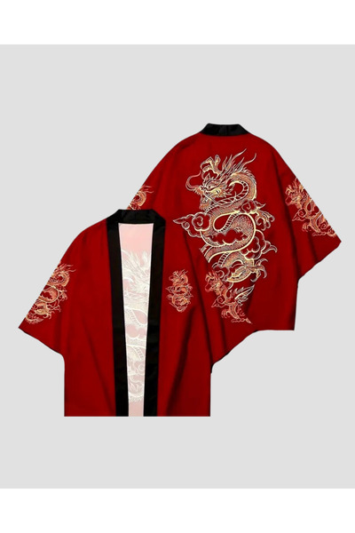 Touz Moda Dragon Design Red Black Detailed Unisex Kimono