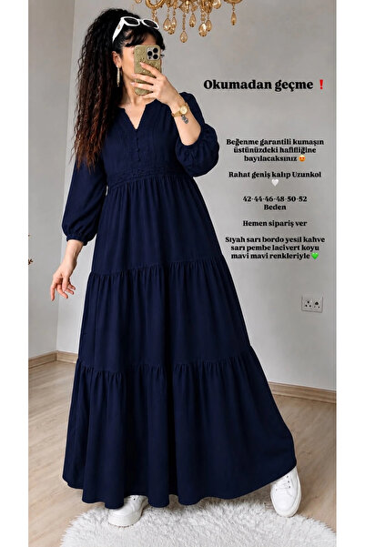 AZRA BUTİK Ruffled Skirt Lace Stripe Detailed Dress Navy Blue