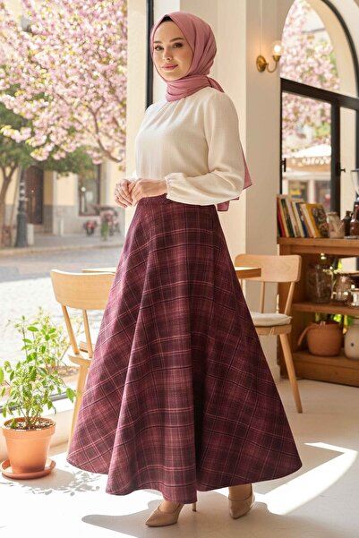 TOFİSA Kare Desenli Çan Etek Bordo - 28239-BORDO