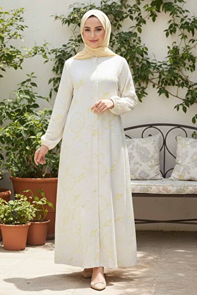 TOFİSA Cepli Desenli Keten Elbise - 28294-SARI