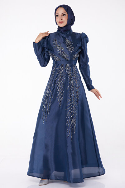 TOFİSA Straight Neckline Women's Navy Blue Stoned Princess Evening Dress - 26250