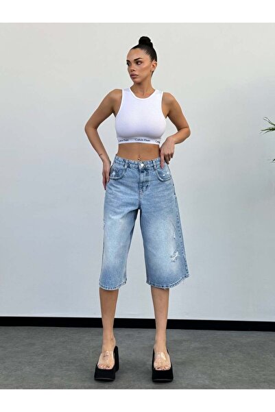 HerTon Gri Yıkamalı Yırtık Detaylı Bermuda Denim Şort