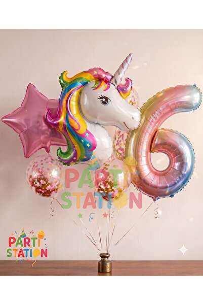Parti Station Unicorn Gökkuşağı 6 Yaş Folyo Balon Set Konsept Doğum Günü Set ...