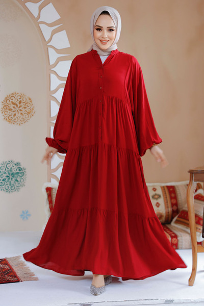 Neva Style Layered Pleated Burgundy Hijab Dress 20612Br