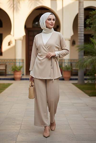 N.S NEVA STYLE Beige Hijab Double Set with Side Tie Detail 13301Bej