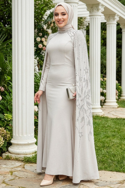 Neva Style Kolları Pelerinli Bej Tesettür Abiye Elbise 51681BEJ