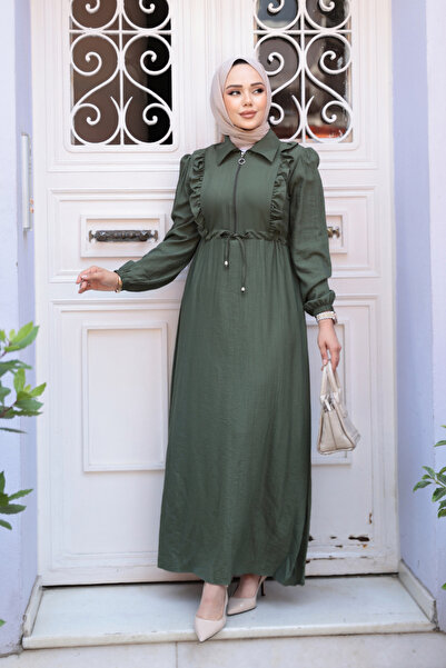 Neva Style Zippered Khaki Hijab Dress 17021Hk
