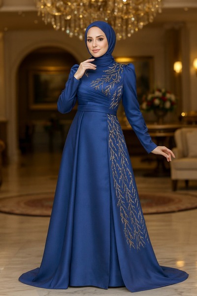 Neva Style Boncuk İşlemeli Lacivert Tesettür Abiye Elbise 2295L