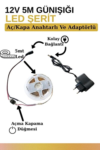 Mandaş 5 Metre Günışığı Şerit Led Tam Set 3000K 12V Adaptörlü Aç Kapa Düğmeli...