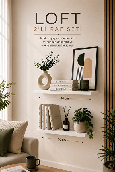 Atlanta Home Loft 2'li Dekoratif Duvar Rafı Seti Ahşap Duvar Rafı Salon Mutfa...