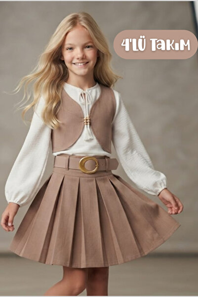 Hilal Akıncı Kids Girl's Gabardine Vest String Shirt Pleated Skirt and Gold B...