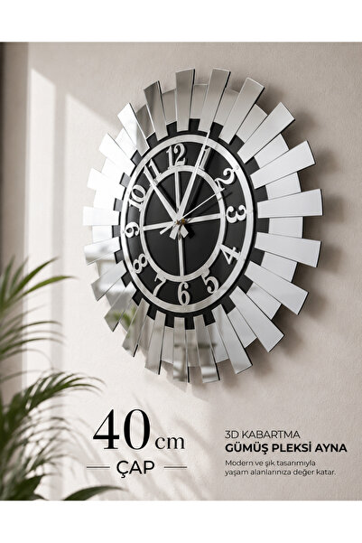 EYKA STORE Dekoratif Modern Duvar saati Gümüş Ayna 40 cm