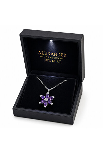 Alexander Atelier Lotus Çiçeği Kolye Ametist Taşlı 925 Ayar Gümüş 45cm