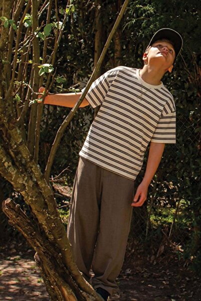 Cigit Oversize T-Shirt Wide Cut Trousers Set 2-10 Years Anthracite Striped
