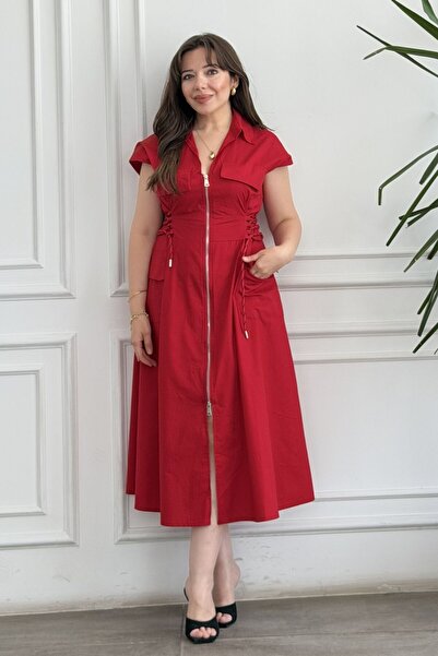 yb yağmur butik Dress with Front Zipper and Side Tie Detail