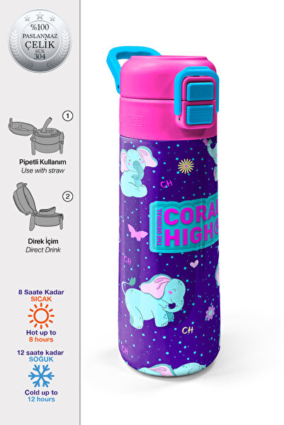 Coral High Kids Mor Pembe Fil Desenli Pipetli ve Direkt İçim Çelik Termos 500...