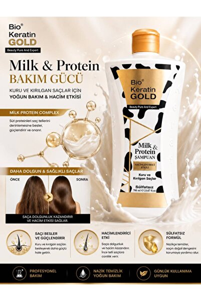 Bio Keratin Gold Milk & Protein Hacimlendirici Sülfatsız Şampuan 700 ml