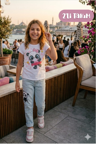 Hilal Akıncı Kids Girl's Patterned T-Shirt and Panda Printed Jeans 2-Piece Set