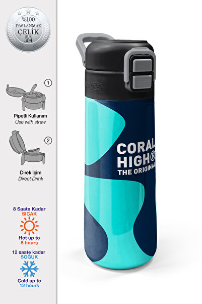 Coral High Kids Navy Blue Turquoise Patterned Steel Thermos with Straw and Di...