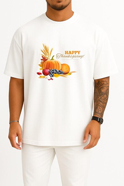 Bahriyeli Collection تي شيرت قصة فضفاضة Happy Thanksgiving Fruits Thanksgivin...