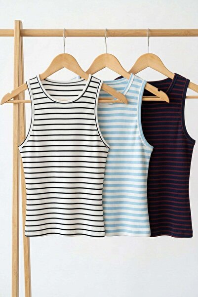 COTENCONCEPT 3 Pieces of Ribbed Fitted Viscose Blended Strappy T-Shirt