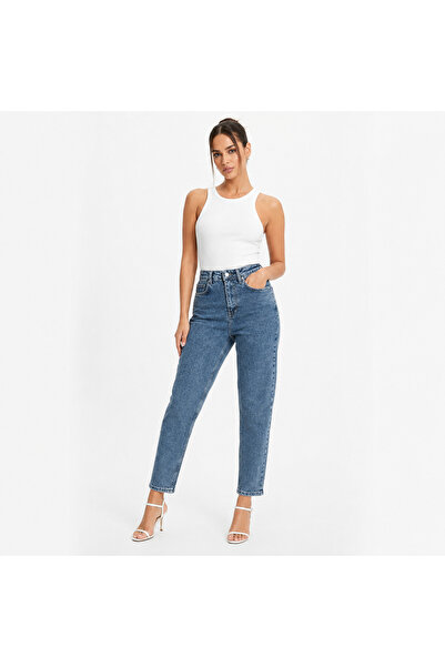 MODAHAUS.RO Blugi mom fit NYC albastru cu talie înaltă