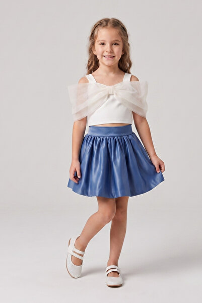 Le Mabelle Girl's Two-Piece Set with Petrol Blue Bow Crop Top and Satin Skirt...