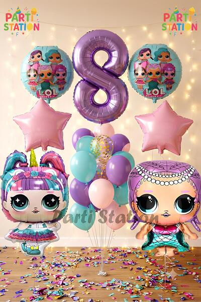 Parti Station LOL Surprise Konsept 8 Yaş Balon Set Unicorn LOL Bebek Mor Raka...