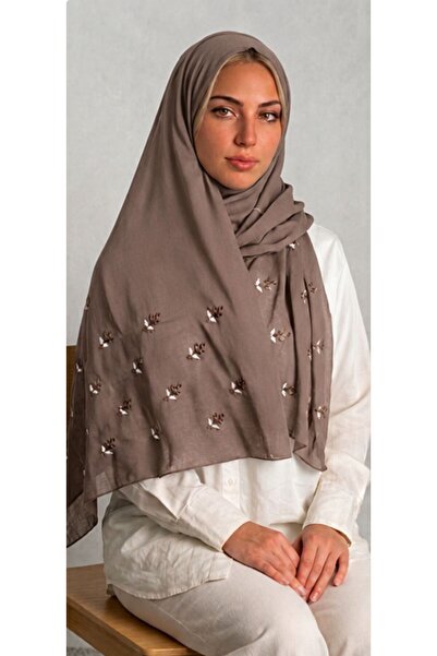 Veil Designer طرحه اللوان البني الترابي بوال طبقتين بتطريز فل منثورة علي الطر...