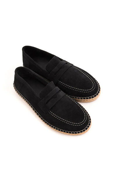no7man Minoa Black Loafer Suede Genuine Leather Men's Espadrille