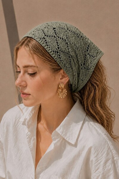 Irmak Kerekli Kadın Pamuklu Yumuşak Dokulu Delikli Triko Bandana 7011 Haki