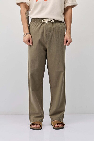 VAMOSCLO Lace-Up Baggy Fit Linen Trousers Khaki
