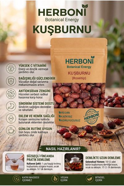 HERBONİ Kuşburnu 100g, Yabangülü, Itburnu, Itgülü, Gülelması, Yiric, Roseship...