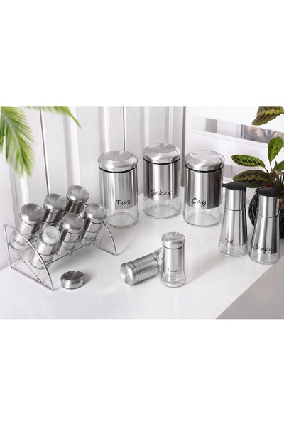 Pinkev 13 Piece Glass Oil and Vinegar Seasoning Container Set - Inox